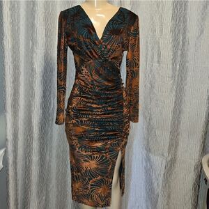 NWT Elensa Velour Green & Gold  Wrap Velvet Dress Med NWT